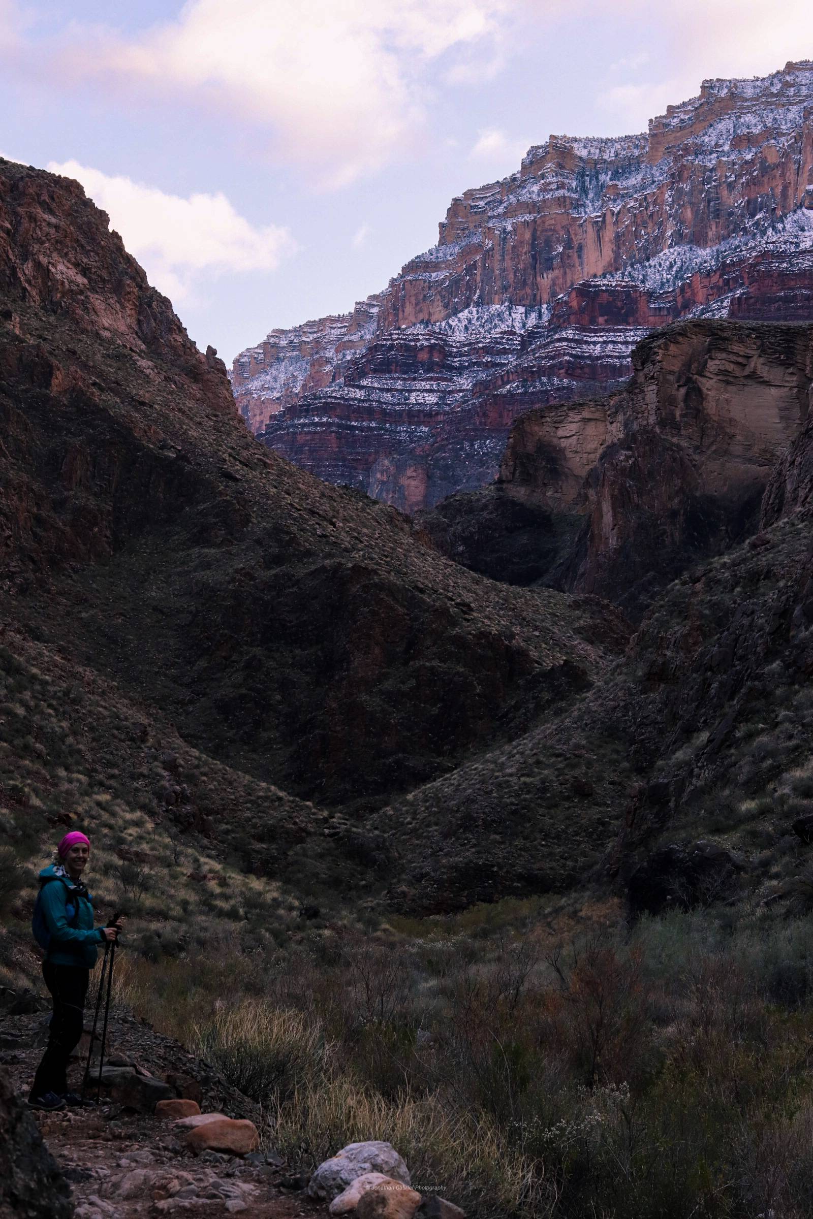 20 miler out to Phantom Ranch in the Grand Canyon to drop off some postcards. Came out well after dark with temps in single digits.