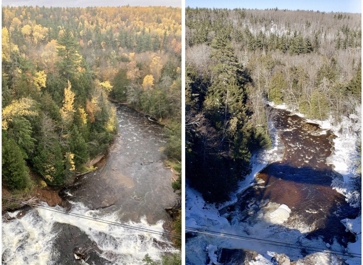 Fall vs Winter. Agate Falls, Upper Peninsula of Michigan, United States.