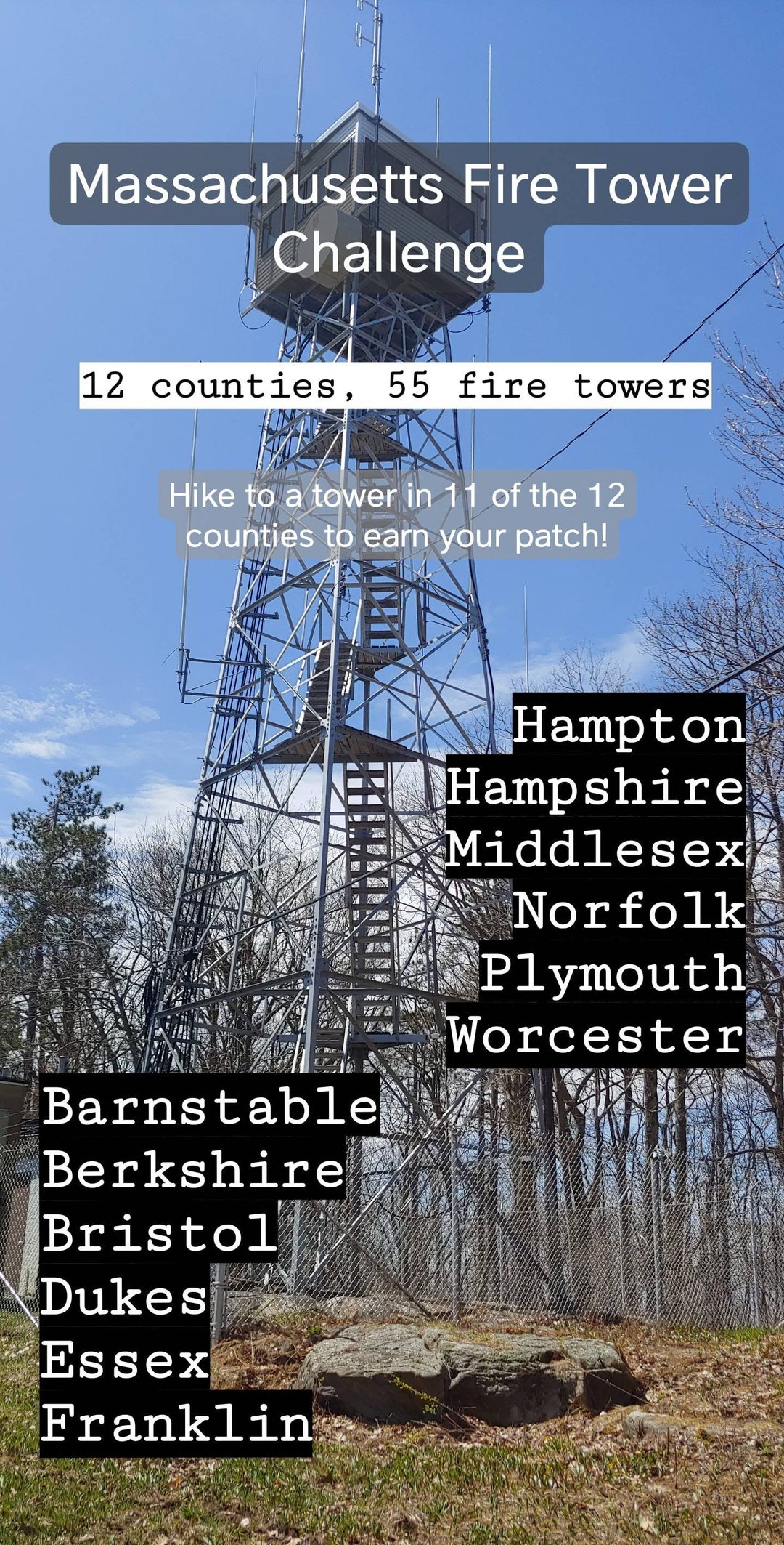 Massachusetts Fire Tower Challenge Background is Mt. Wilcox, Great Barrington, MA, USA