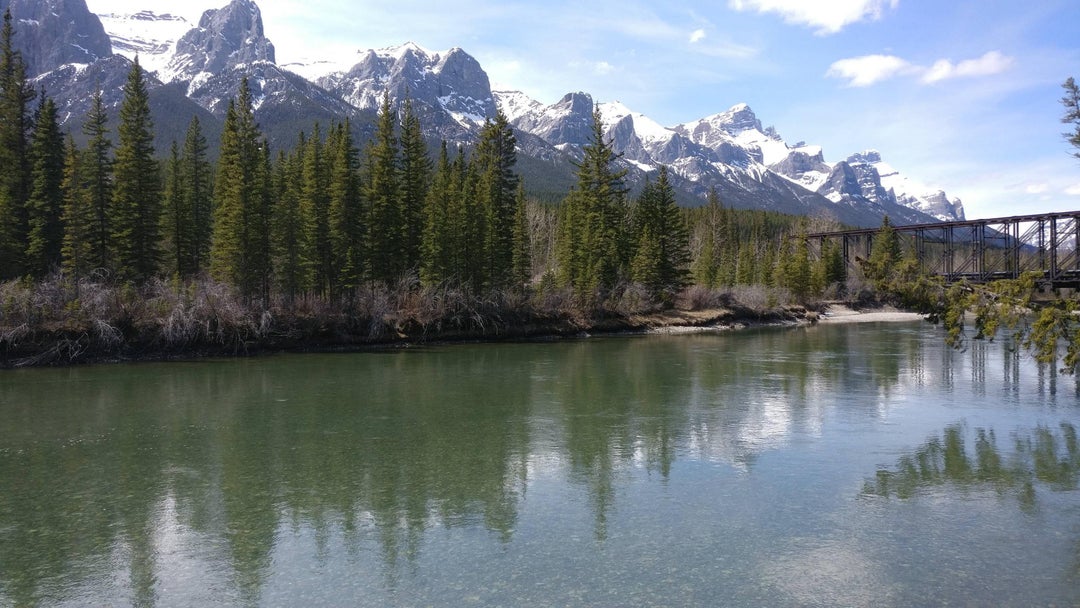 Walking along the Bow River in the Rockies, Alberta, Canada