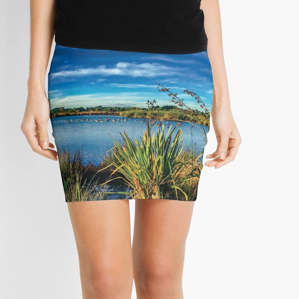 Flaxes and a lake with Ducks. Mini Skirtsummer nature sky landscape …