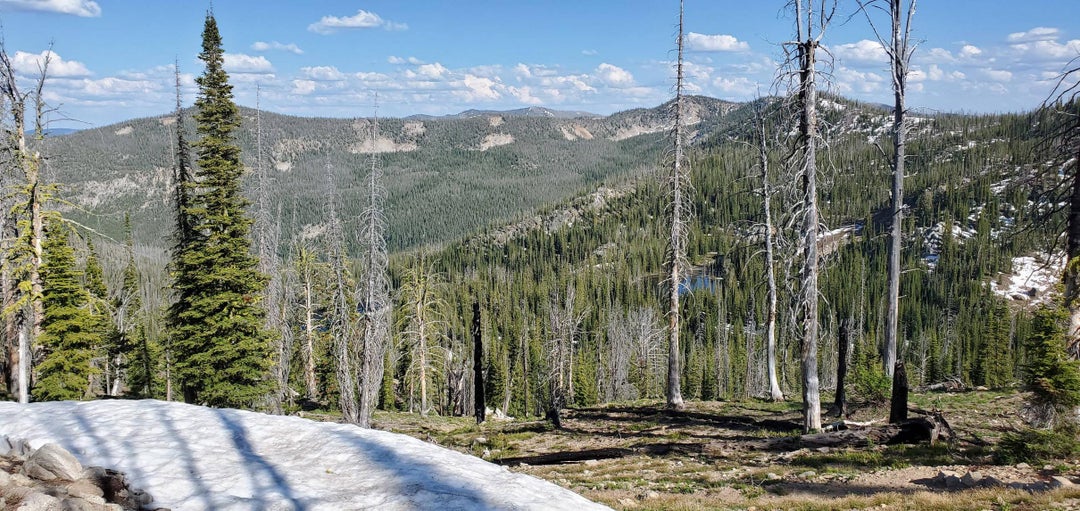 Summit to Pistol Lake with upper lake on right. Frank Church River of No Return Wilderness, Idaho, USA