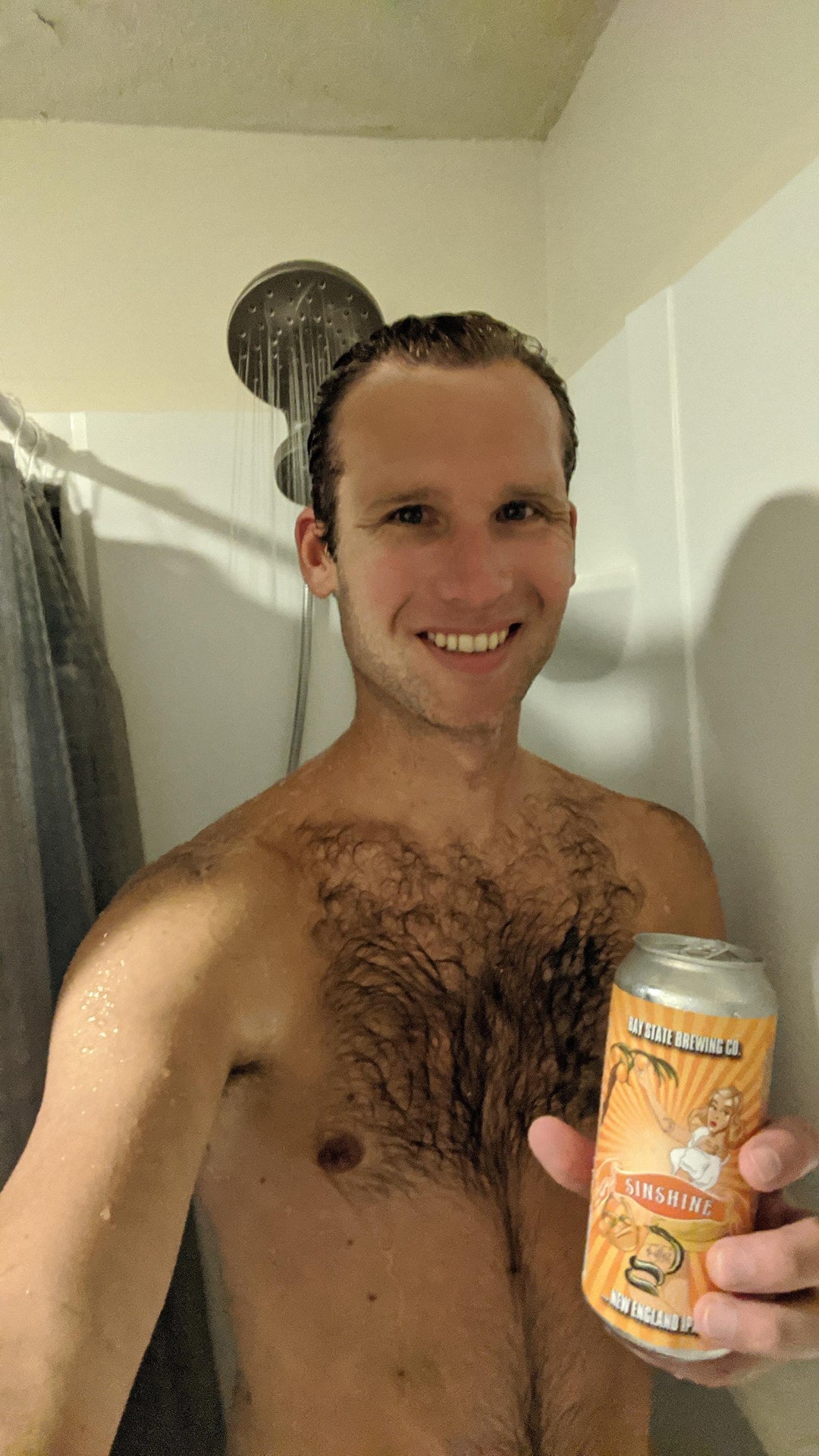 Showering after a grueling sunrise hike – only my second beer of the day