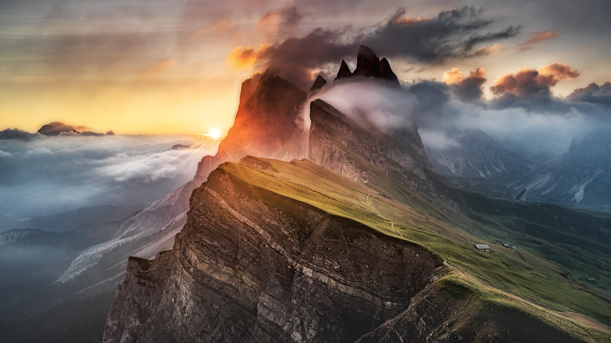 6214 When I started hiking up the mountain everything was foggy but when I arrived at Seceda in the Italian Dolomites the sun finally broke through2048x1152 OC